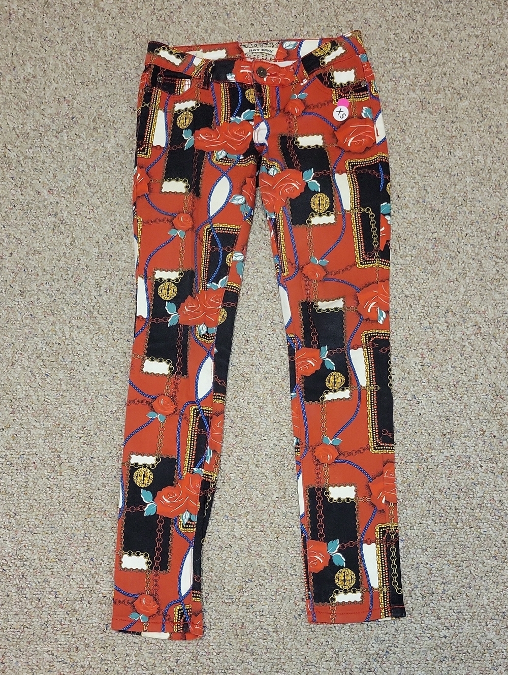 Hot Kiss Skinny Lily Red Roses & Chains. Sz 3 Goth Grunge Whimsigoth Stretch